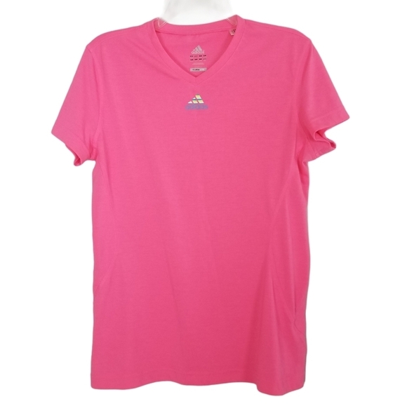 Adidas Tee T-shirt Pink Logo V-neck Fitted - Picture 1 of 5
